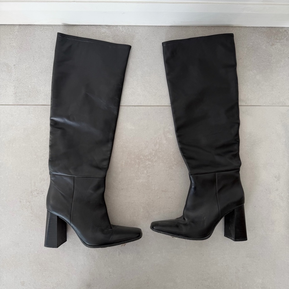 Zara block heel knee Knee-High leather Boots - Picture 3 of 7